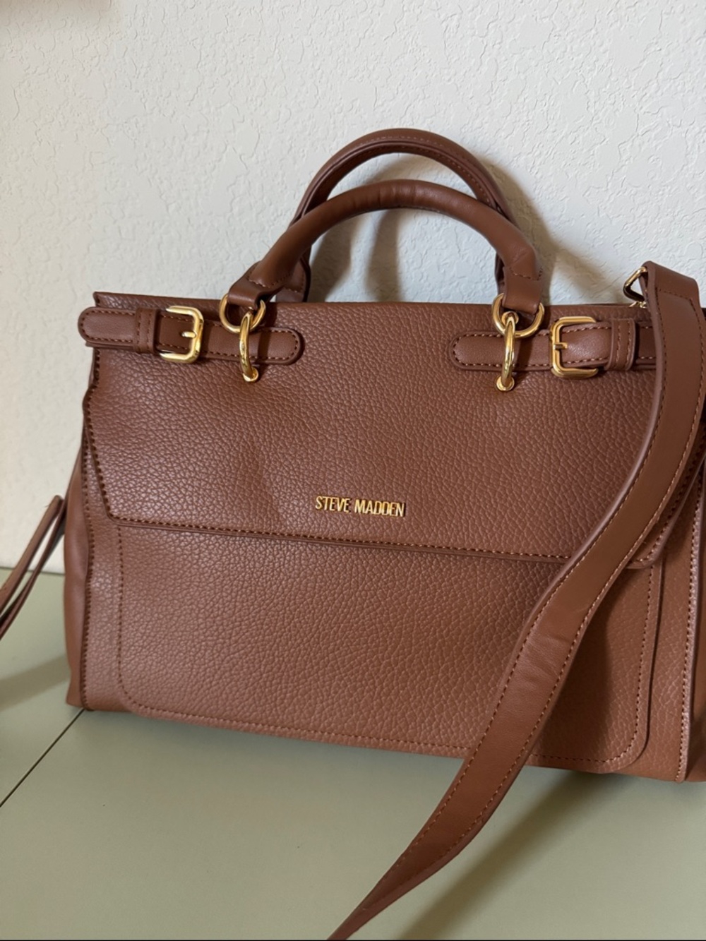 NWOT Steve Madden Brown Pebbled Satchel with Gold Hardware